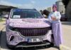Otomobilini Türk motiflerinin yer aldığı mor renkli halıyla kapladı
